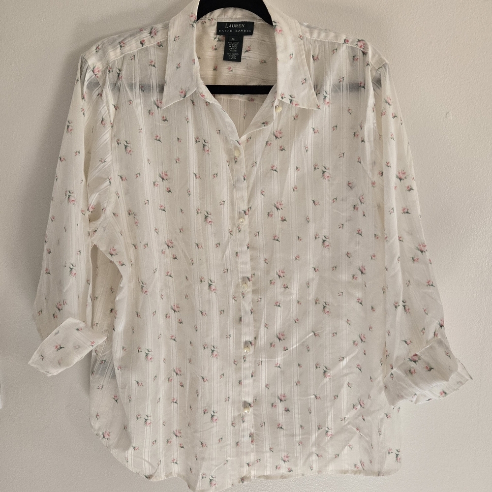 Lauren Ralph Lauren White Sheer Floral Button-Front Blouse